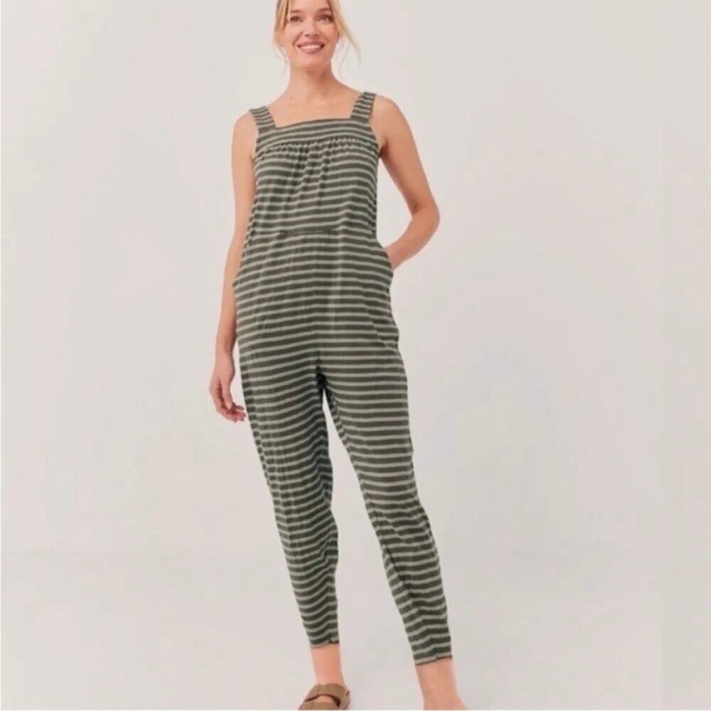 Pact Alice green striped jumpsuit WOMENS LARGE organic cotton